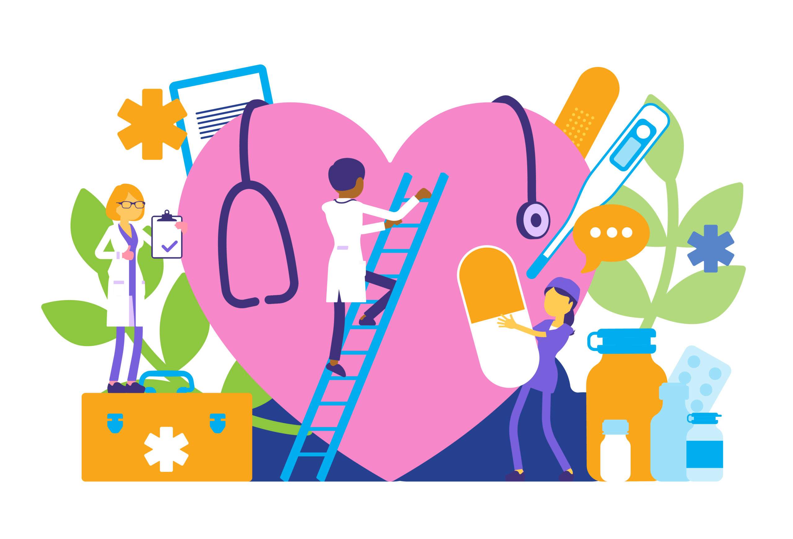 Accessible mindfulness practices, meditations, and resources for healthcare workers - Illustration of a healthcares tending to a cartoon heart